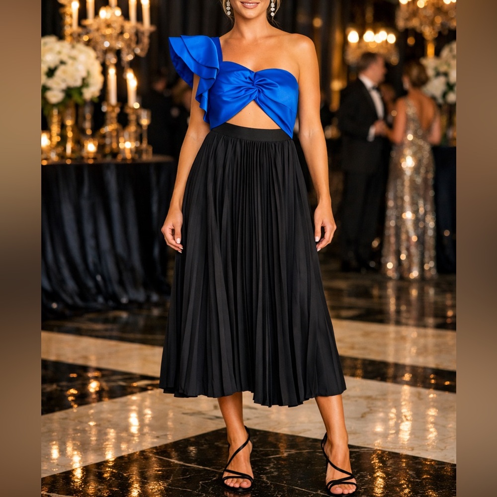 AMUR X REVOLVE Cleopatra ‎ Black & blue one shoulder Pleated cut out maxi 4